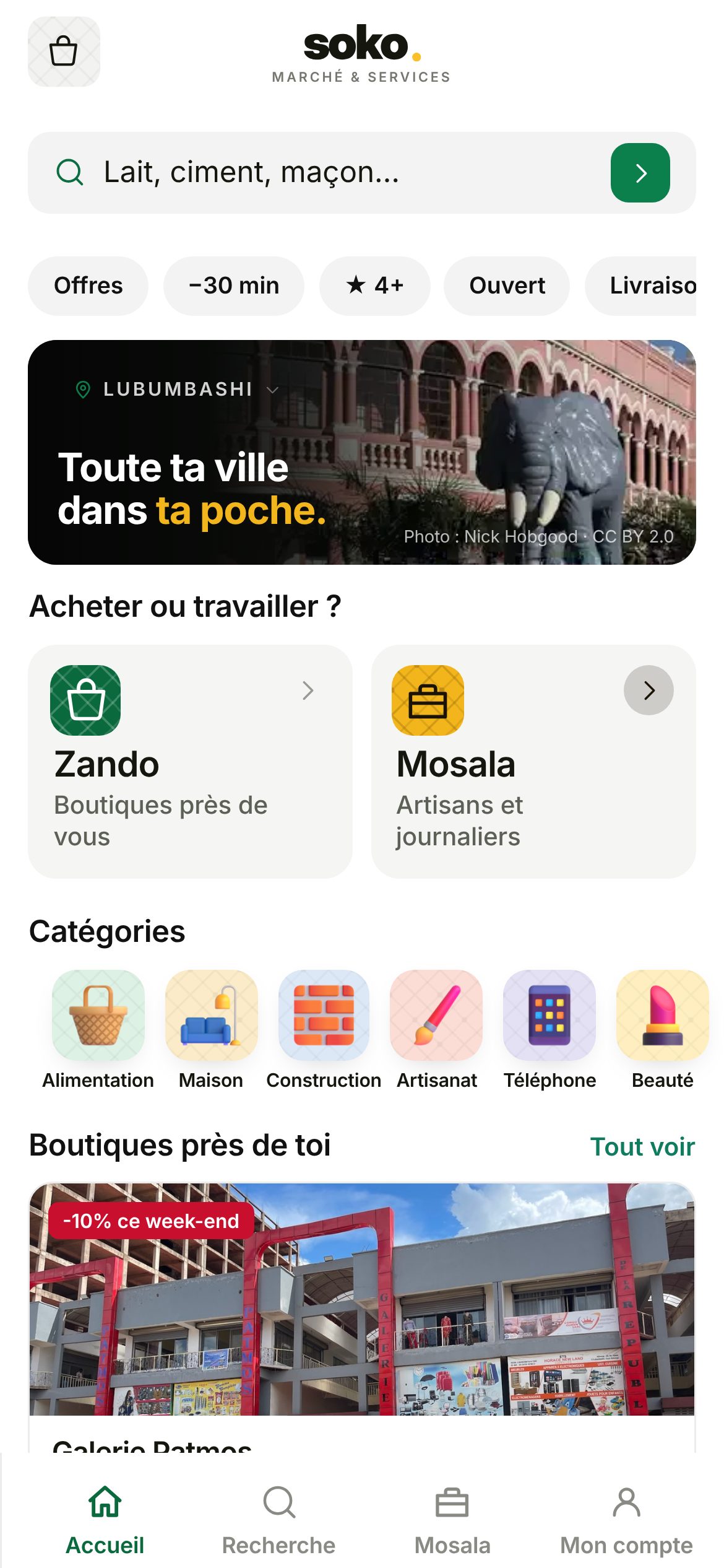 L’écran d’accueil de l’app Soko : recherche, Zando et Mosala, catégories